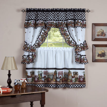 Mason Jars Window Curtain Set, Rustic Style Statement with Traditional Black and White Gingham, 1 Tier Pair and 1 Topper Included - 57x36