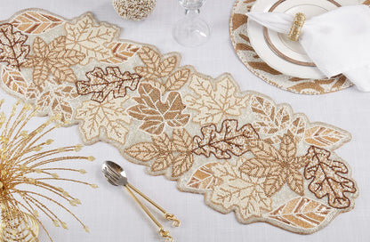 Fennco Styles Hand Beaded Fall Leaves Table Runner 12" W x 36" L - Gold Elegant Autumn Table Cover for Home Décor, Holidays, Family Gatherings, Banquets and Special Occasion