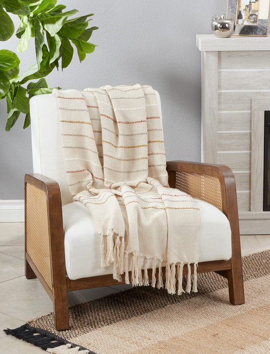 Fennco Styles Textured Stripe Throw Blanket with Tassel 50" W x 60" L – Ivory Woven Line Blanket for Bed, Couch, Sofa, Holidays, Home Décor and Office Décor