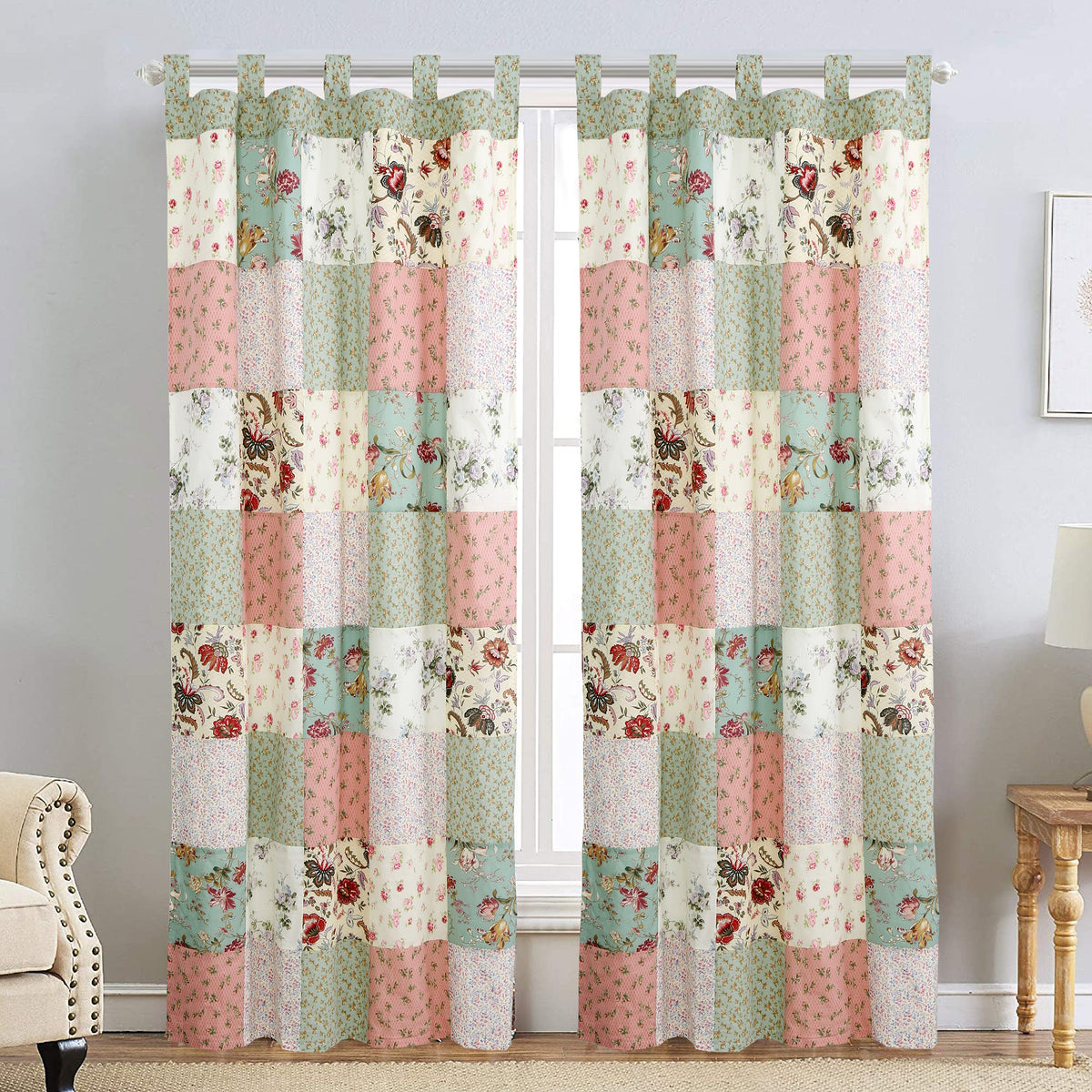 Grace Celadon Floral Country Cottage Garden Patchwork Window Curtain Panel/Drapes