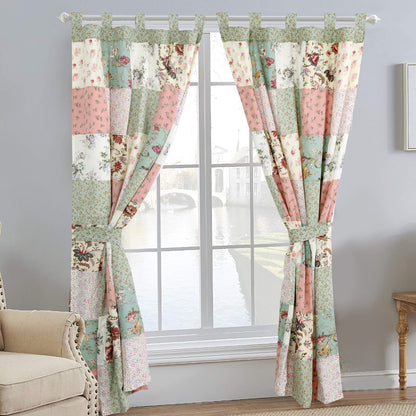Grace Celadon Floral Country Cottage Garden Patchwork Window Curtain Panel/Drapes