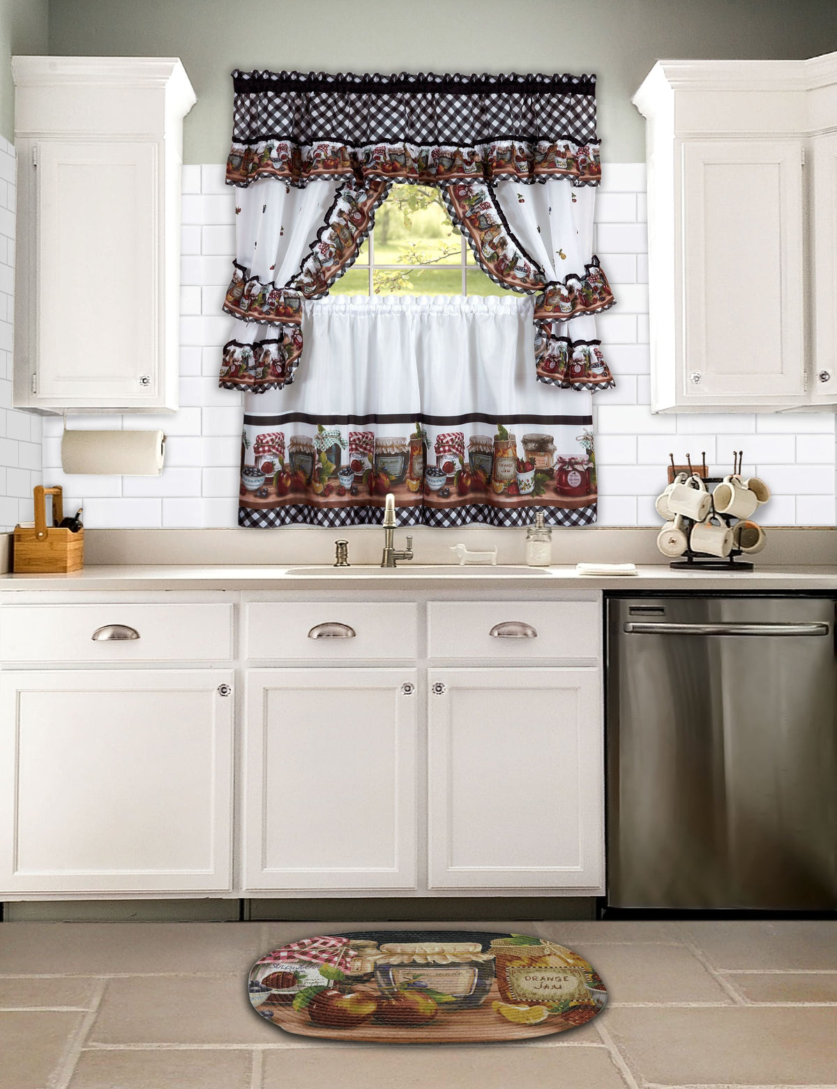 Mason Jars Window Curtain Set, Rustic Style Statement with Traditional Black and White Gingham, 1 Tier Pair and 1 Topper Included - 57x36