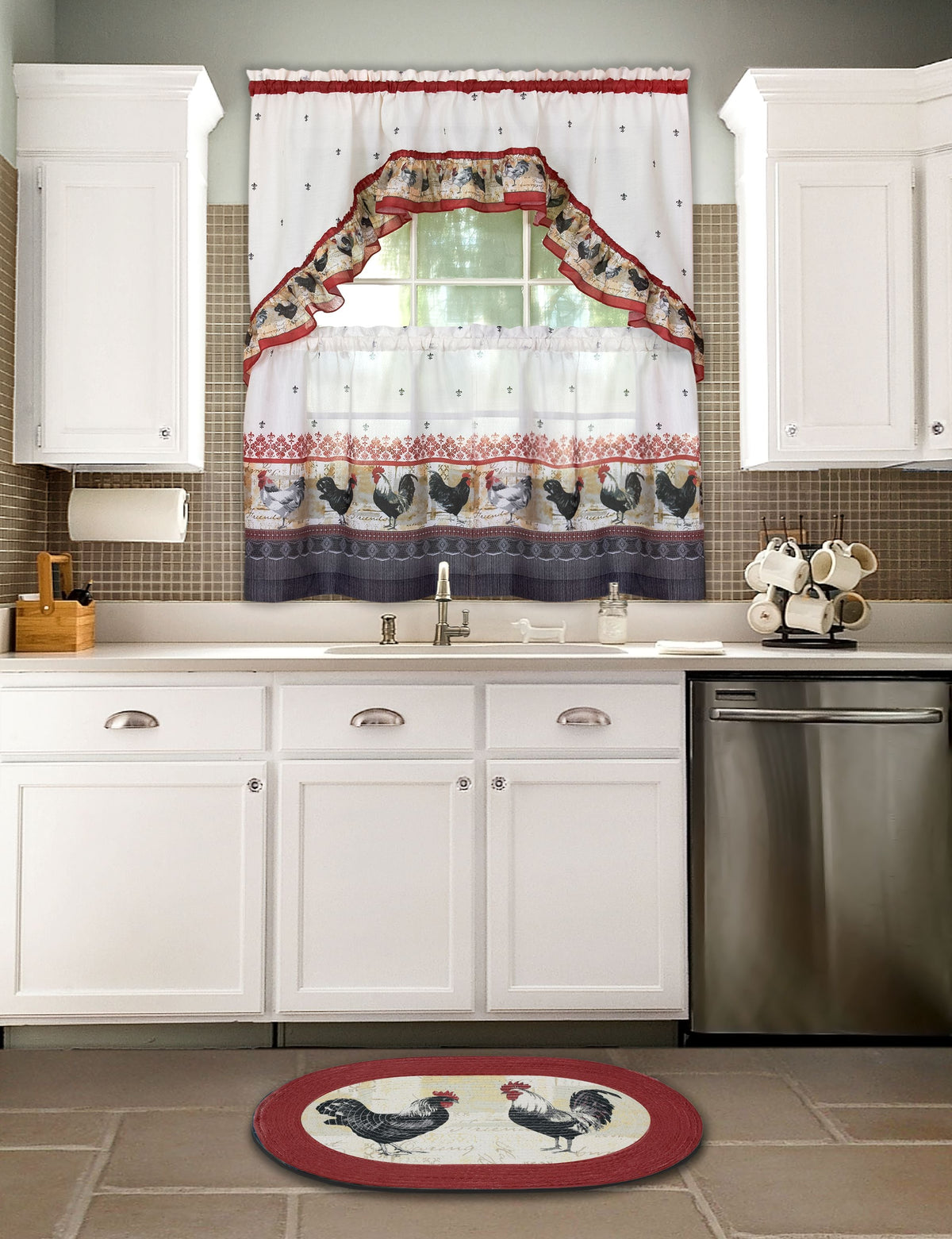 Printed Tier and Swag Window Curtain Set - 57x36 - Print Rooster - Burgundy