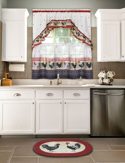 Printed Tier and Swag Window Curtain Set - 57x36 - Print Rooster - Burgundy