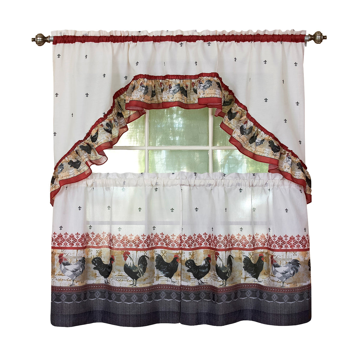Printed Tier and Swag Window Curtain Set - 57x36 - Print Rooster - Burgundy