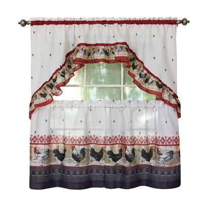 Printed Tier and Swag Window Curtain Set - 57x36 - Print Rooster - Burgundy