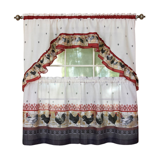 Printed Tier and Swag Window Curtain Set - 57x36 - Print Rooster - Burgundy