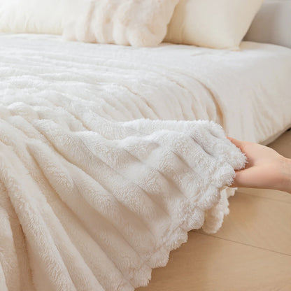 1pc solid color thick wide stripe multifunctional blanket, can be used as bed sheet covering blanket, nap blanket, pet blanket