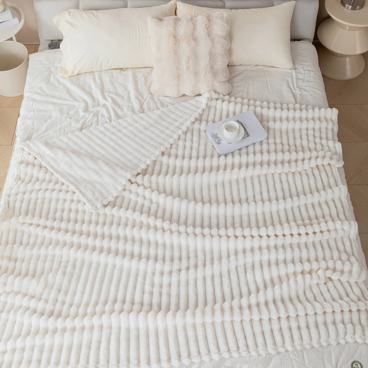 1pc solid color thick wide stripe multifunctional blanket, can be used as bed sheet covering blanket, nap blanket, pet blanket