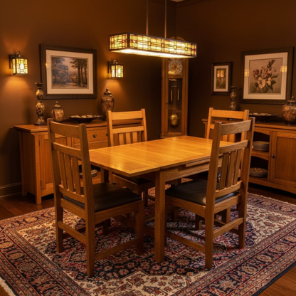 Mission Oak Kitchen Table with 2 Leaves and 4 Oak Dining Chairs