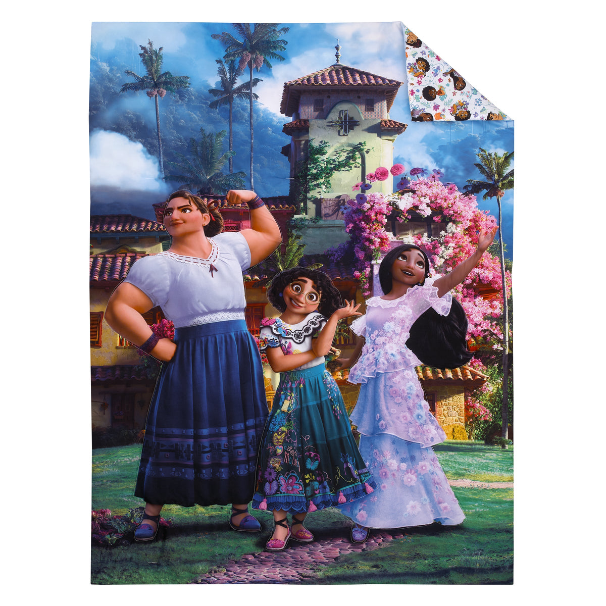 Disney Encanto Power Trio Purple and Teal 5 Piece Toddler Bedding and Blanket Bundle Set - Comforter, Fitted Bottom Sheet, Flat Top Sheet, Reversible Pillowcase and Blanket