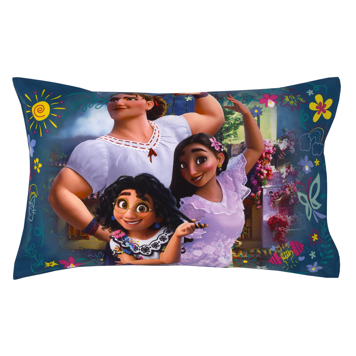 Disney Encanto Power Trio Purple and Teal 5 Piece Toddler Bedding and Blanket Bundle Set - Comforter, Fitted Bottom Sheet, Flat Top Sheet, Reversible Pillowcase and Blanket
